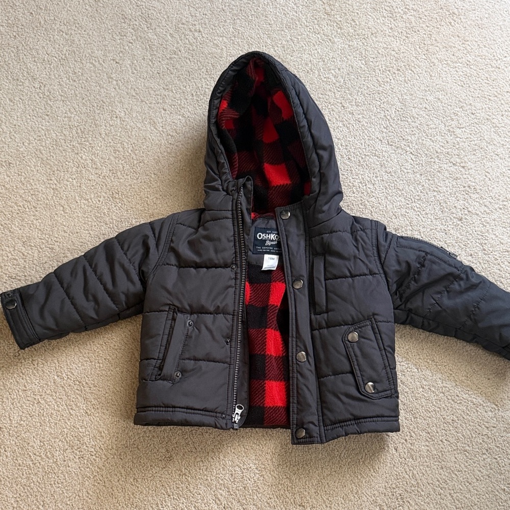 OshKosh B'gosh Black Puffer Jacket with Red Plaid Lining
